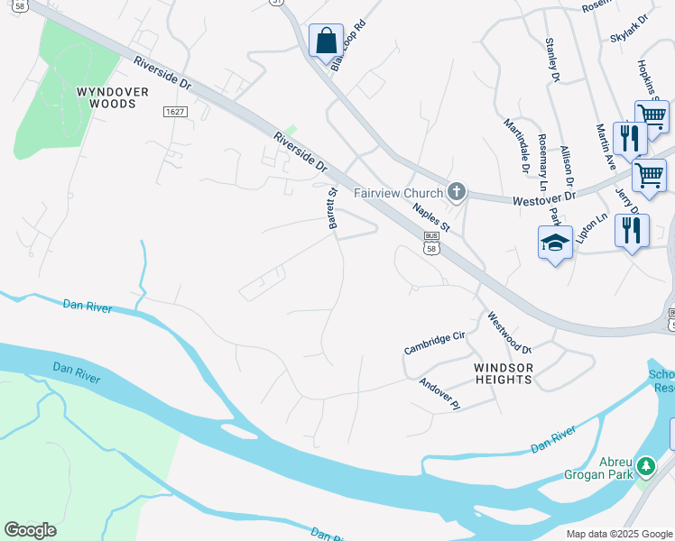 map of restaurants, bars, coffee shops, grocery stores, and more near 340 Barrett Street in Danville