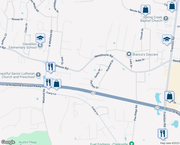 map of restaurants, bars, coffee shops, grocery stores, and more near 2658 Derby Drive in Clarksville