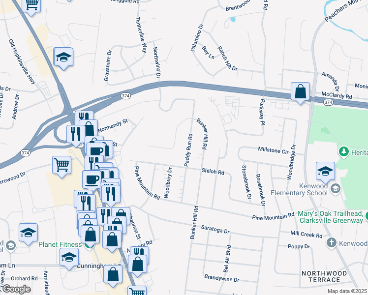 map of restaurants, bars, coffee shops, grocery stores, and more near 600 Paddy Run Road in Clarksville