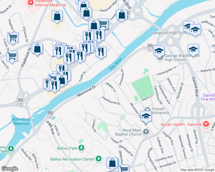 map of restaurants, bars, coffee shops, grocery stores, and more near 409-499 Maple Ln in Danville