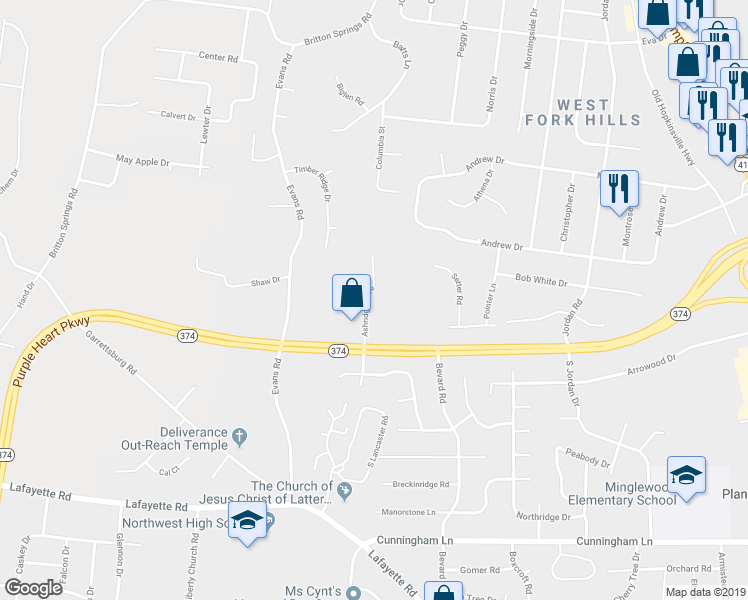 map of restaurants, bars, coffee shops, grocery stores, and more near 1201 Ashridge Drive in Clarksville