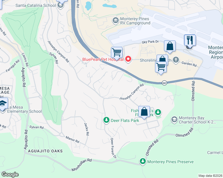 map of restaurants, bars, coffee shops, grocery stores, and more near 1561 Josselyn Canyon Road in Monterey
