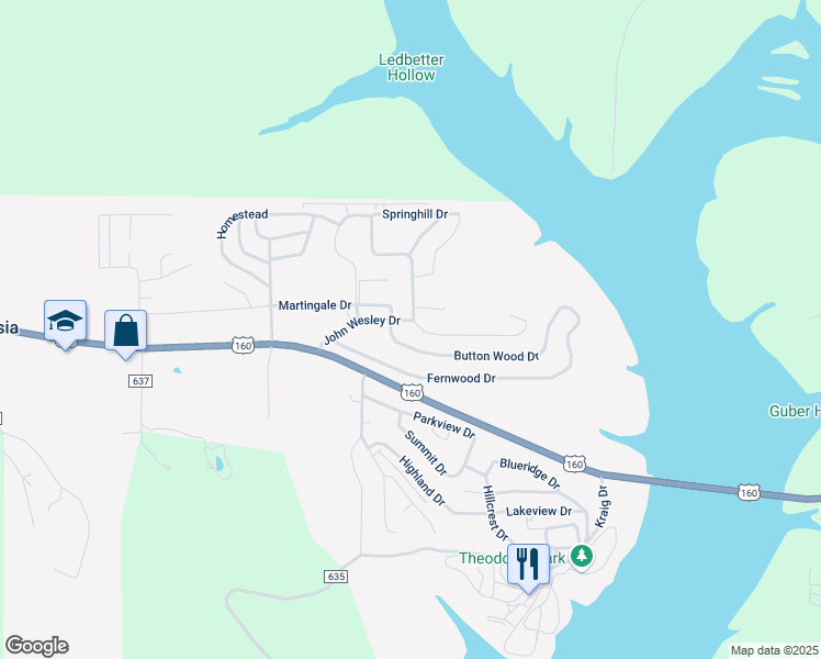 map of restaurants, bars, coffee shops, grocery stores, and more near John Wesley Drive in Theodosia