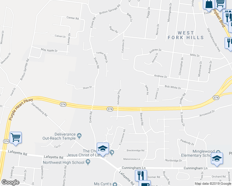 map of restaurants, bars, coffee shops, grocery stores, and more near 1202 Ashridge Drive in Clarksville