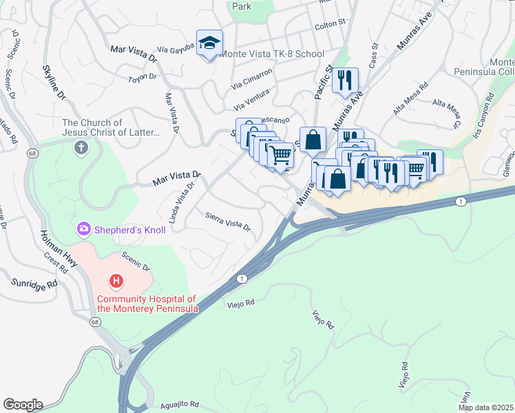 map of restaurants, bars, coffee shops, grocery stores, and more near 158 Mar Vista Drive in Monterey