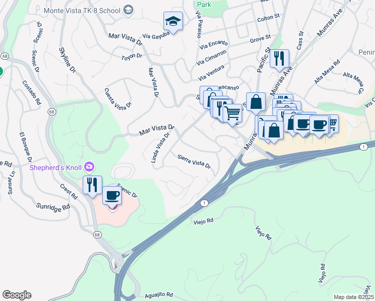 map of restaurants, bars, coffee shops, grocery stores, and more near 150 Mar Vista Drive in Monterey