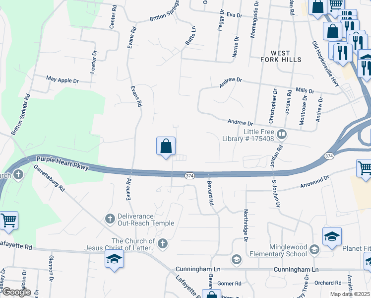 map of restaurants, bars, coffee shops, grocery stores, and more near 1213 Ashridge Drive in Clarksville
