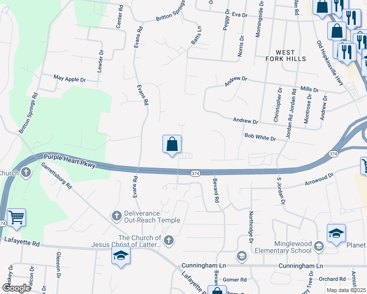 map of restaurants, bars, coffee shops, grocery stores, and more near 1213 Ashridge Drive in Clarksville