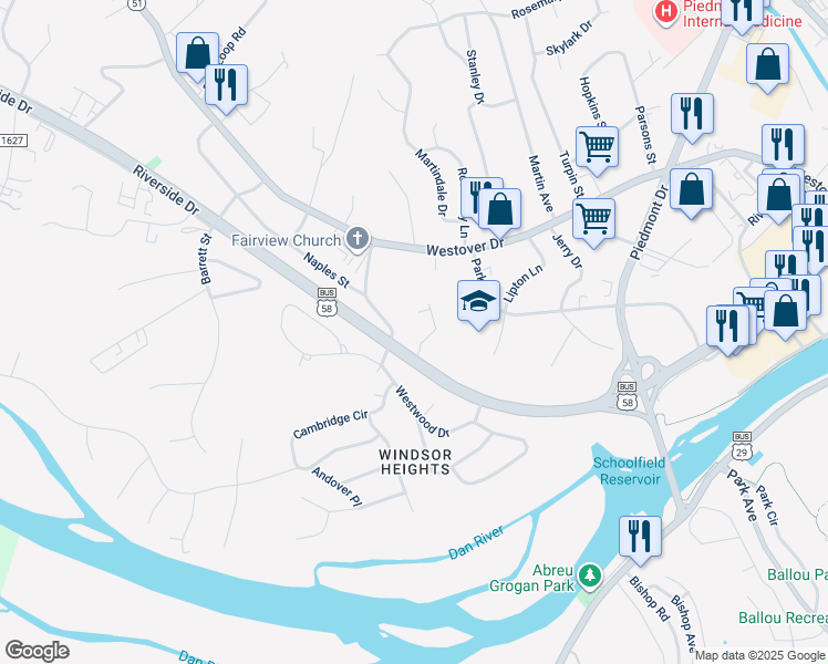 map of restaurants, bars, coffee shops, grocery stores, and more near 4180 Riverside Drive in Danville