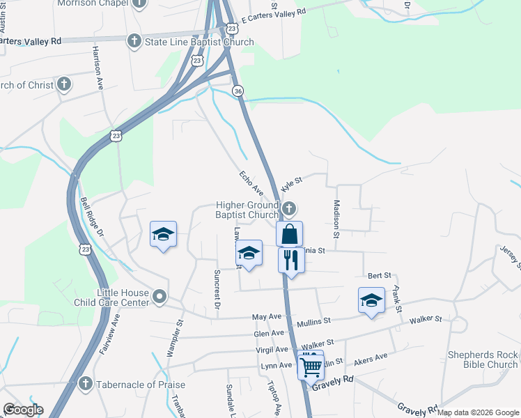 map of restaurants, bars, coffee shops, grocery stores, and more near 1654 Robalee Street in Kingsport