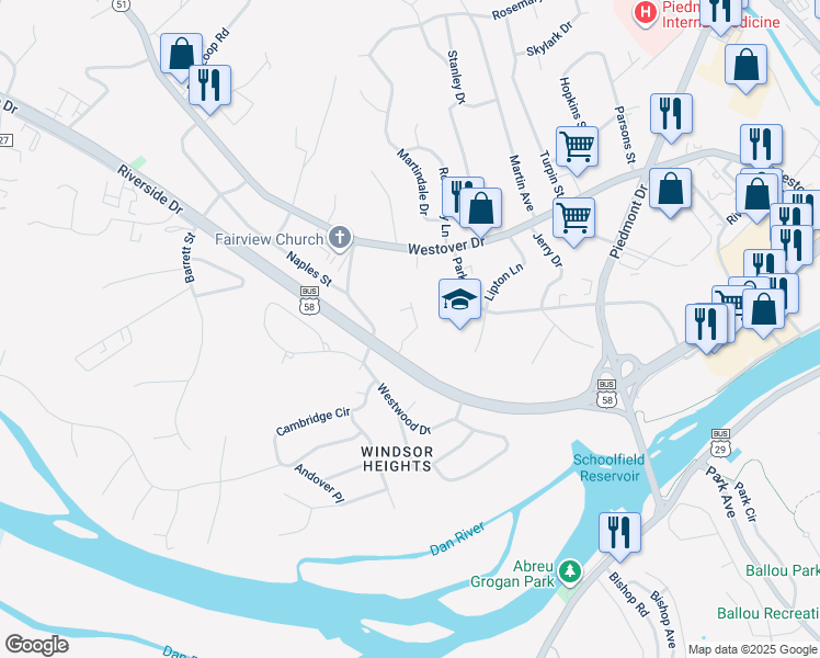 map of restaurants, bars, coffee shops, grocery stores, and more near 4180 Riverside Drive in Danville