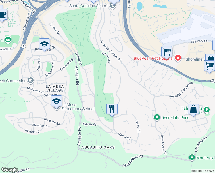 map of restaurants, bars, coffee shops, grocery stores, and more near 1180 Sylvan Place in Monterey