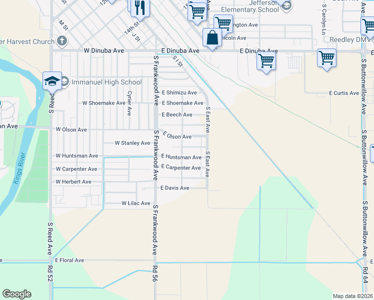 map of restaurants, bars, coffee shops, grocery stores, and more near 291 East Olson Avenue in Reedley