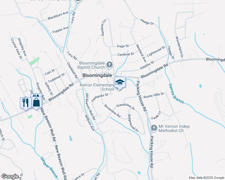 map of restaurants, bars, coffee shops, grocery stores, and more near Ketron High Drive in Bloomingdale