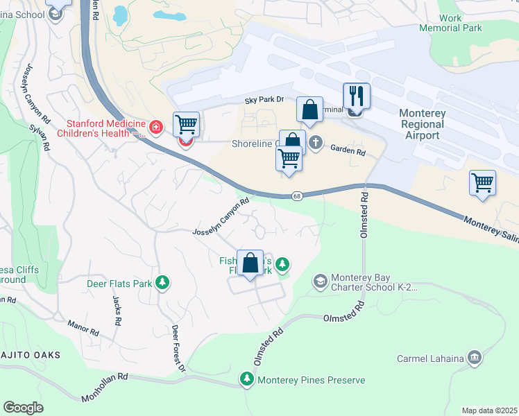 map of restaurants, bars, coffee shops, grocery stores, and more near 1360 Josselyn Canyon Road in Monterey