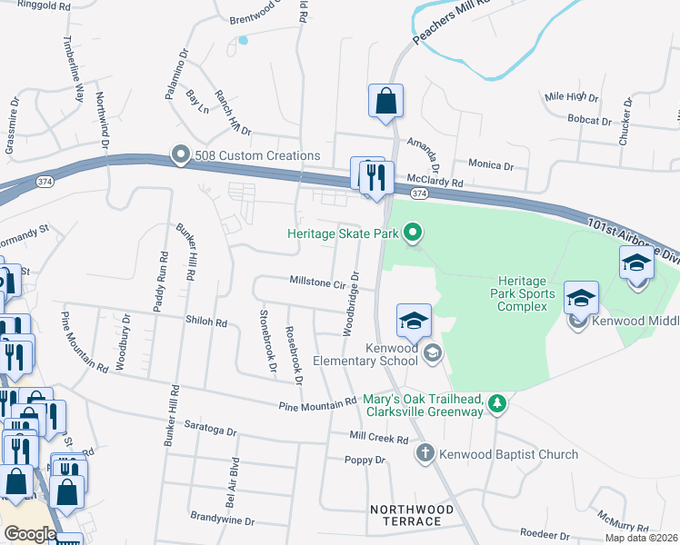 map of restaurants, bars, coffee shops, grocery stores, and more near 1203 Windchase Drive in Clarksville