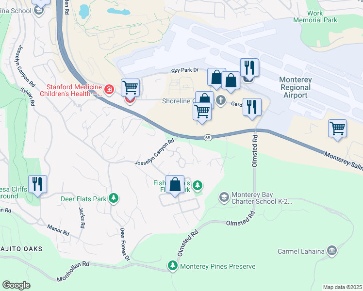 map of restaurants, bars, coffee shops, grocery stores, and more near 1360 Josselyn Canyon Road in Monterey