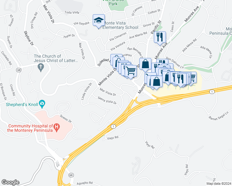 map of restaurants, bars, coffee shops, grocery stores, and more near 130 Mar Vista Drive in Monterey