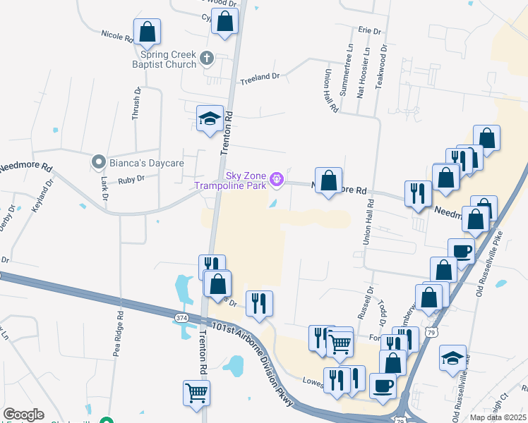map of restaurants, bars, coffee shops, grocery stores, and more near 390 Needmore Road in Clarksville