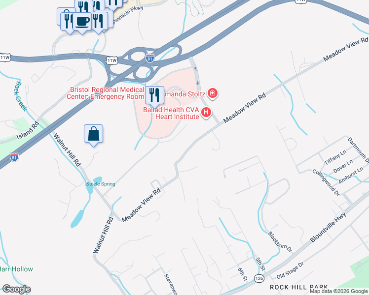 map of restaurants, bars, coffee shops, grocery stores, and more near 774 Meadow View Road in Bristol