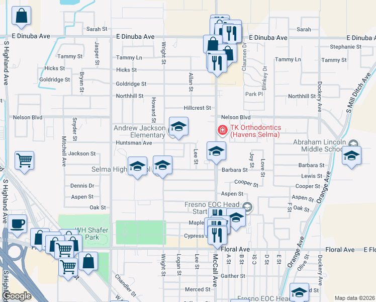map of restaurants, bars, coffee shops, grocery stores, and more near 3320 Logan Street in Selma