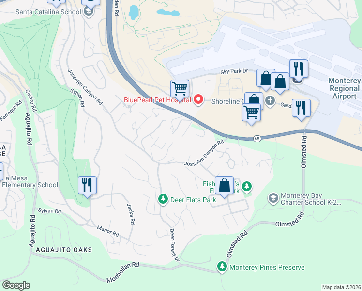 map of restaurants, bars, coffee shops, grocery stores, and more near 1595 Josselyn Canyon Road in Monterey