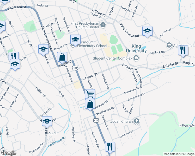 map of restaurants, bars, coffee shops, grocery stores, and more near 1202 Georgia Avenue in Bristol