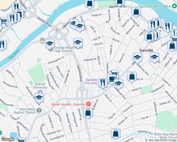 map of restaurants, bars, coffee shops, grocery stores, and more near 228 Cleveland Street in Danville