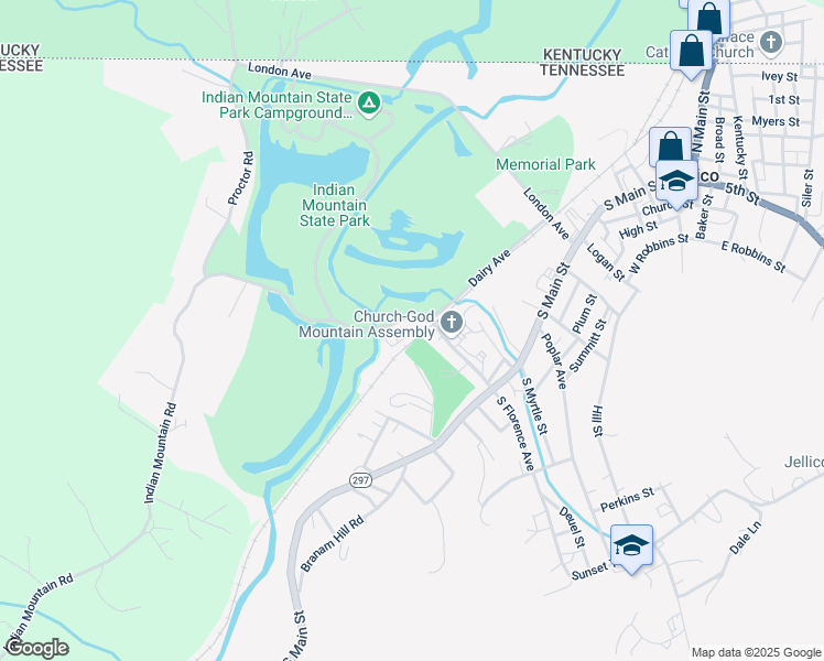 map of restaurants, bars, coffee shops, grocery stores, and more near 307 Indian Mountain Road in Jellico