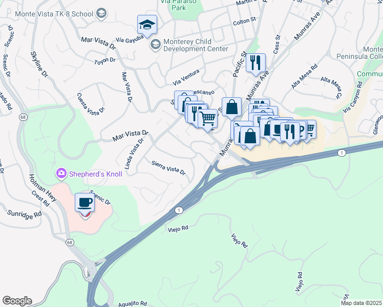 map of restaurants, bars, coffee shops, grocery stores, and more near 130 Mar Vista Drive in Monterey