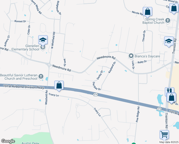 map of restaurants, bars, coffee shops, grocery stores, and more near 686 Needmore Road in Clarksville