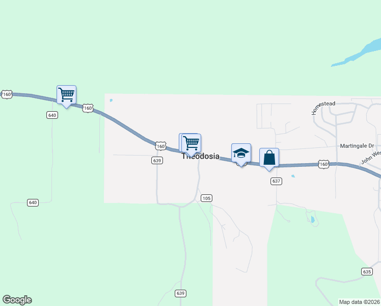 map of restaurants, bars, coffee shops, grocery stores, and more near 5213 U.S. 160 in Theodosia