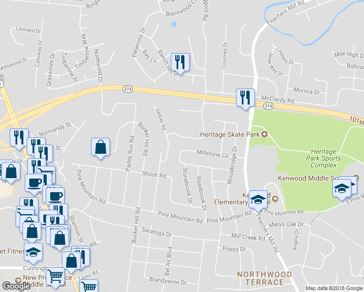 map of restaurants, bars, coffee shops, grocery stores, and more near 1233 Parkway Place in Clarksville
