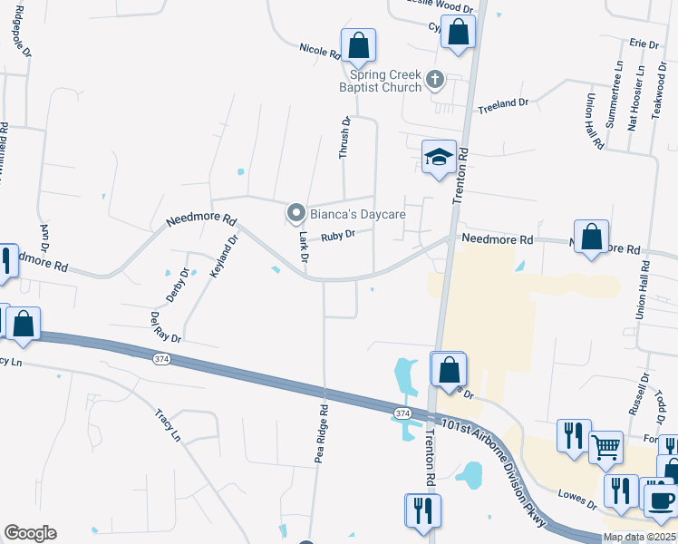 map of restaurants, bars, coffee shops, grocery stores, and more near 511 Needmore Road in Clarksville