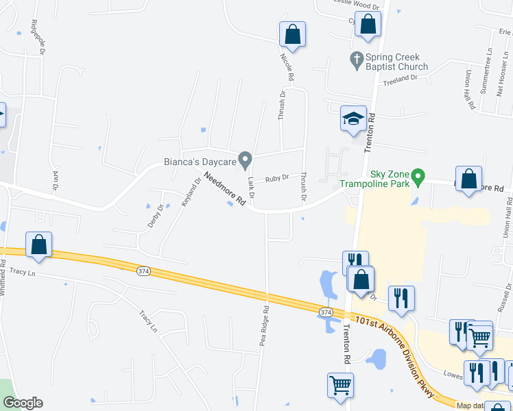 map of restaurants, bars, coffee shops, grocery stores, and more near 521 Needmore Road in Clarksville