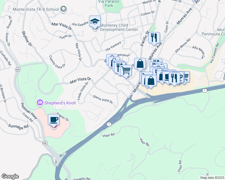 map of restaurants, bars, coffee shops, grocery stores, and more near 116 Mar Vista Drive in Monterey