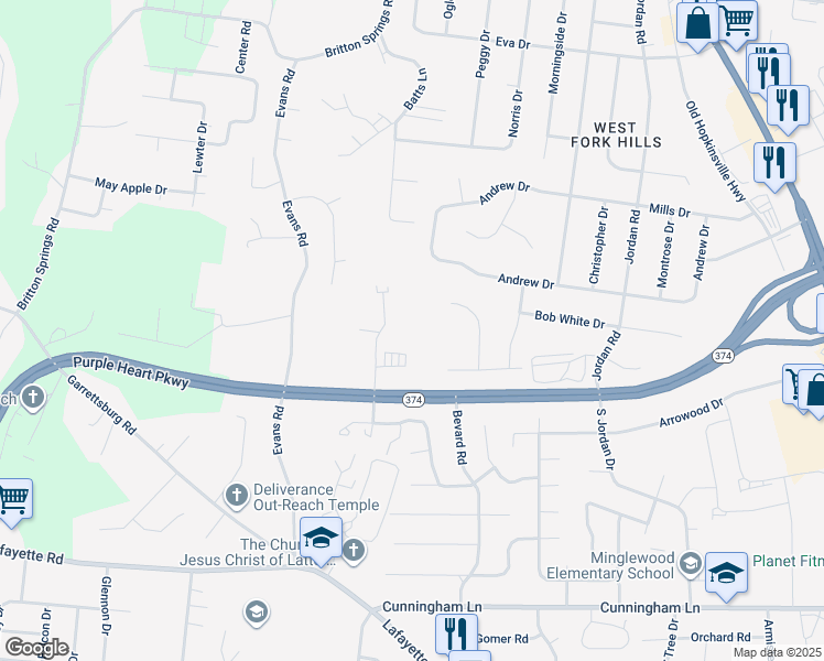 map of restaurants, bars, coffee shops, grocery stores, and more near 1720 Setter Road in Clarksville