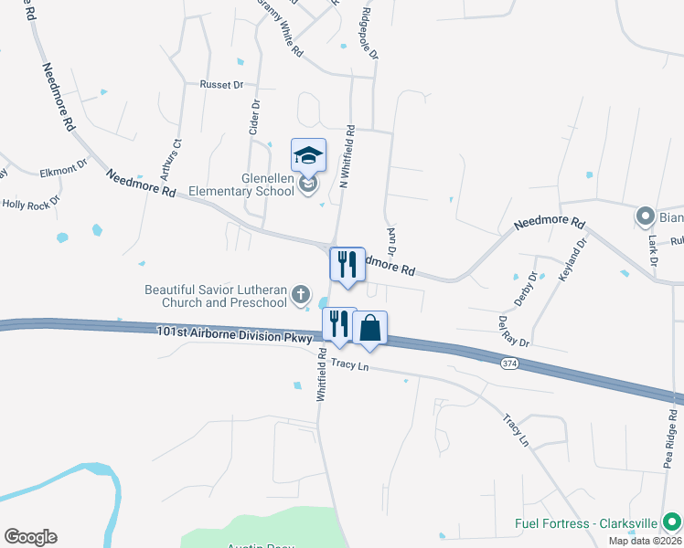 map of restaurants, bars, coffee shops, grocery stores, and more near 2590 Whitfield Road in Clarksville