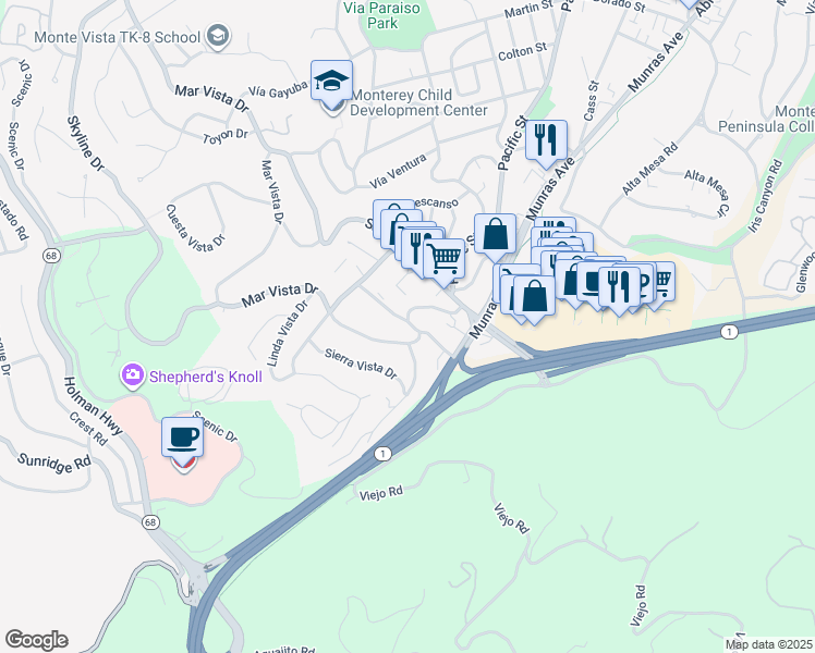 map of restaurants, bars, coffee shops, grocery stores, and more near 130 Mar Vista Drive in Monterey