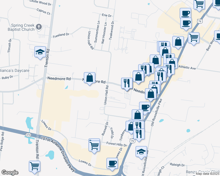 map of restaurants, bars, coffee shops, grocery stores, and more near 250 Needmore Road in Clarksville