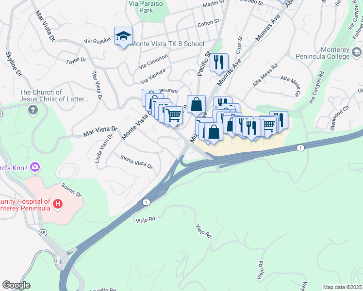 map of restaurants, bars, coffee shops, grocery stores, and more near 1400 Munras Avenue in Monterey