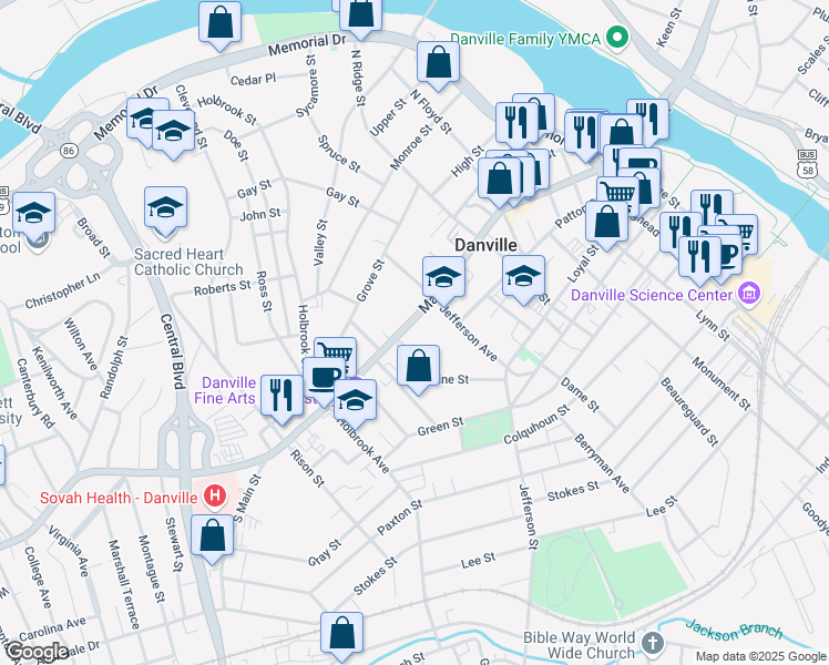 map of restaurants, bars, coffee shops, grocery stores, and more near 841 Main Street in Danville