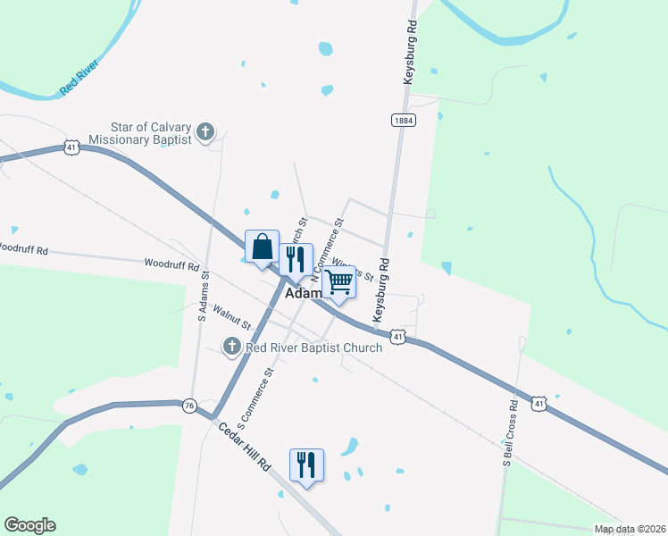 map of restaurants, bars, coffee shops, grocery stores, and more near 112 North Commerce Street in Adams