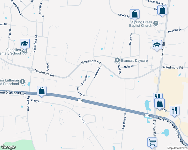map of restaurants, bars, coffee shops, grocery stores, and more near 580 Cory Drive in Clarksville