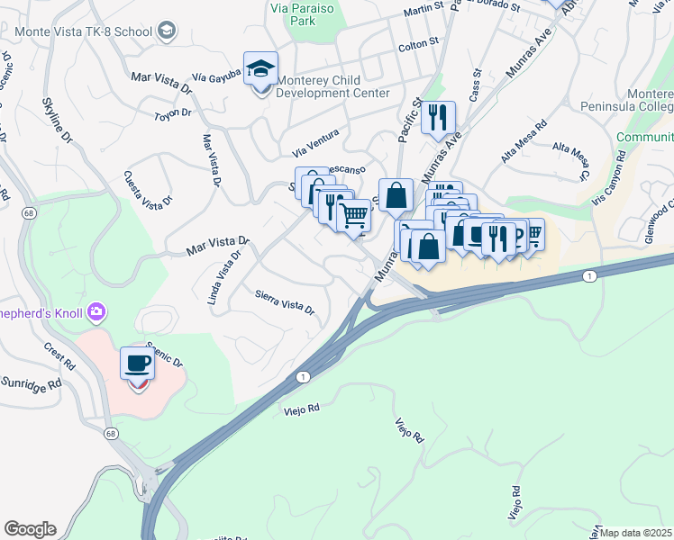 map of restaurants, bars, coffee shops, grocery stores, and more near 27 Mar Vista Drive in Monterey