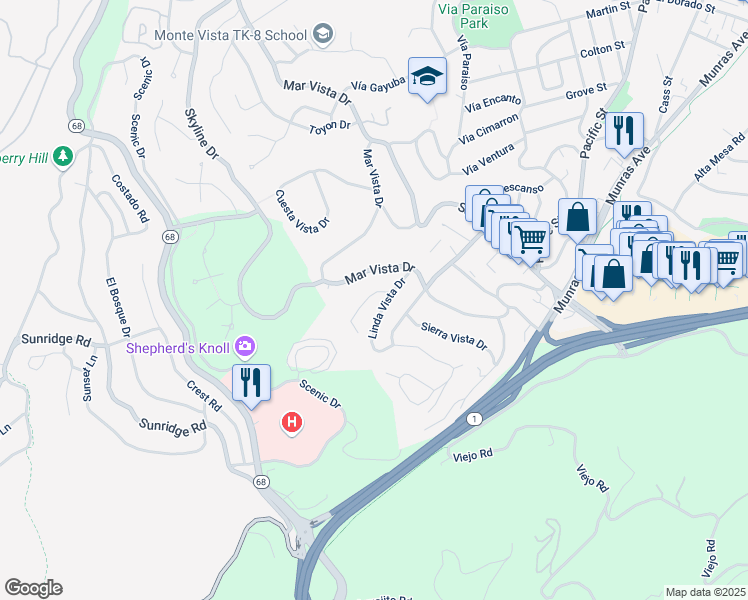 map of restaurants, bars, coffee shops, grocery stores, and more near 5 Linda Vista Place in Monterey