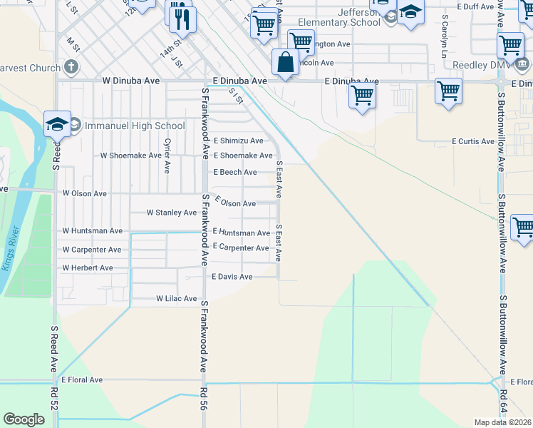 map of restaurants, bars, coffee shops, grocery stores, and more near 439 East Olson Avenue in Reedley