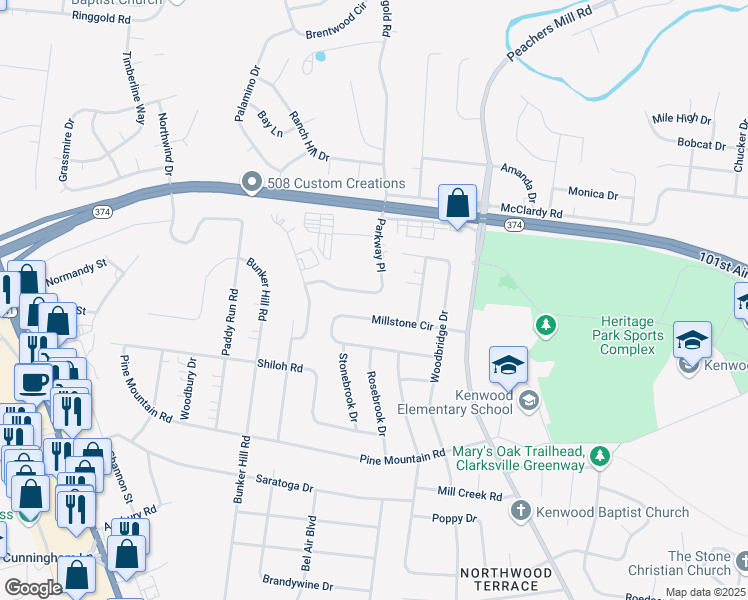 map of restaurants, bars, coffee shops, grocery stores, and more near 1245 Parkway Place in Clarksville