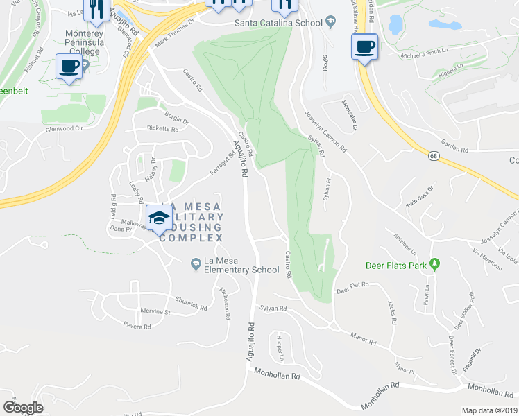map of restaurants, bars, coffee shops, grocery stores, and more near 53 Castro Road in Monterey