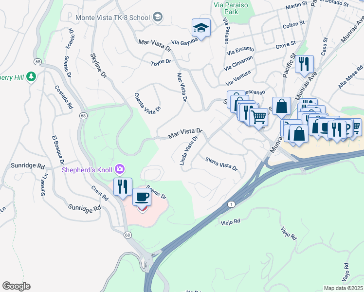 map of restaurants, bars, coffee shops, grocery stores, and more near 5 Linda Vista Place in Monterey